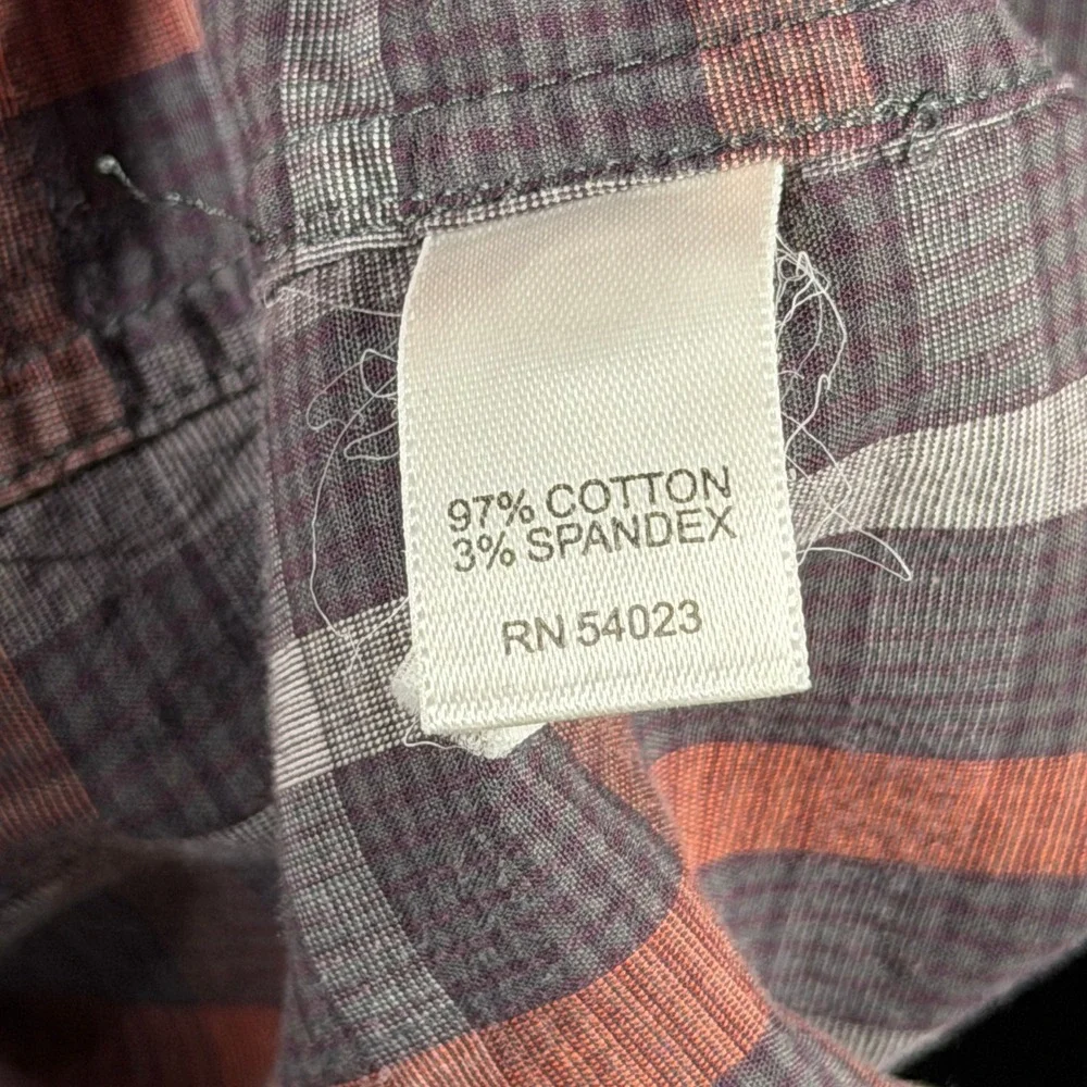 Banana Republic Mens Grey Red Plaid Western Pearl Snap Long Sleeve Shirt Stretch